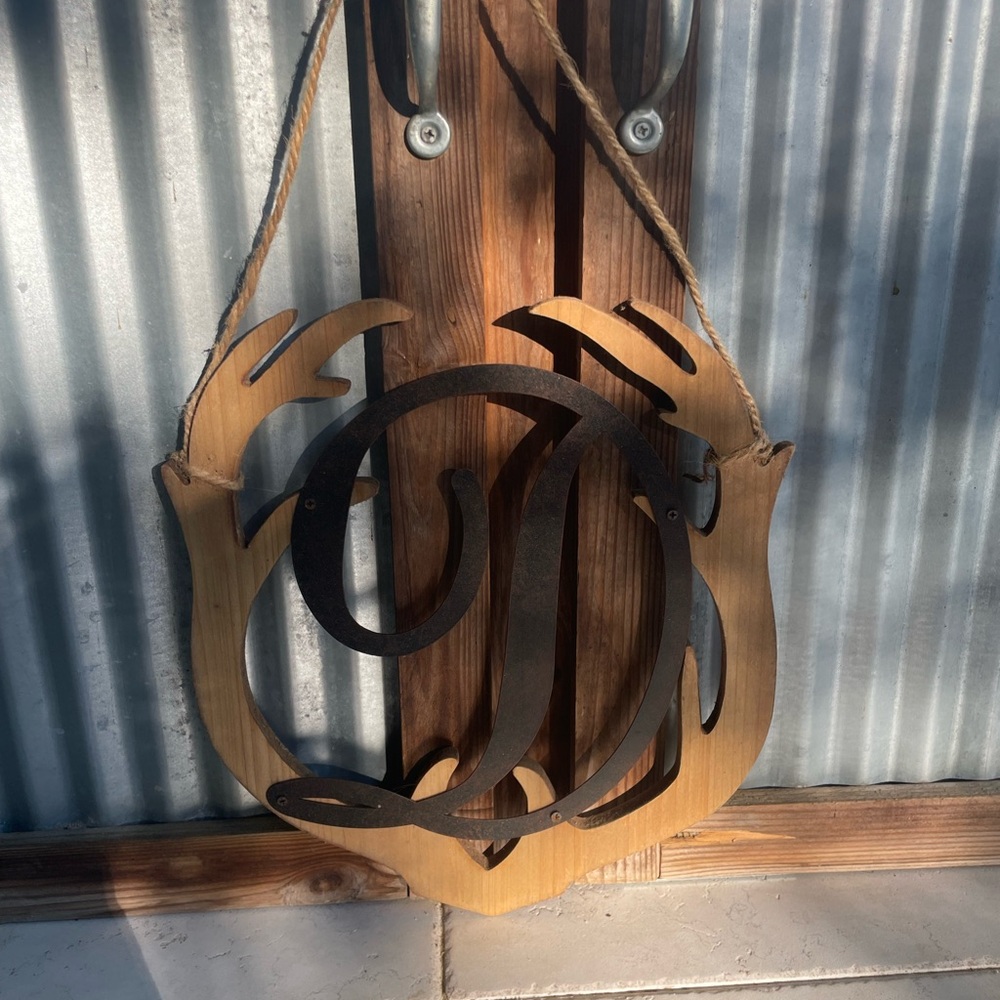 Wood and Black Metal Monogram Wall Hanging - Letter D, antler shaped